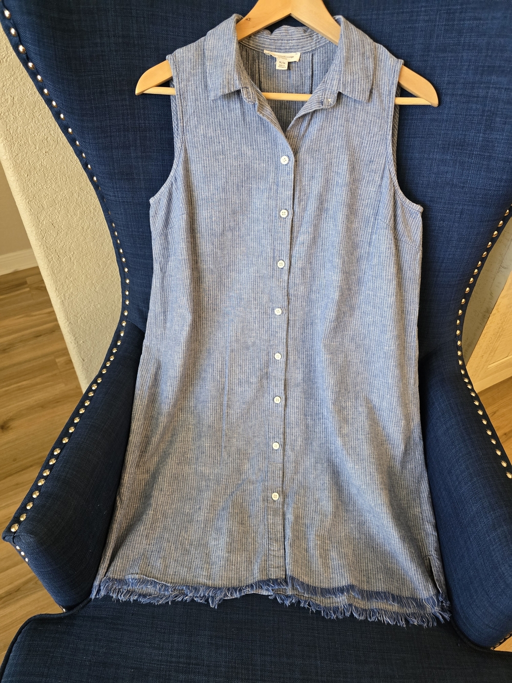 Blue and White Pinstripe Sleeveless Dress. Linen/Cotton Blend